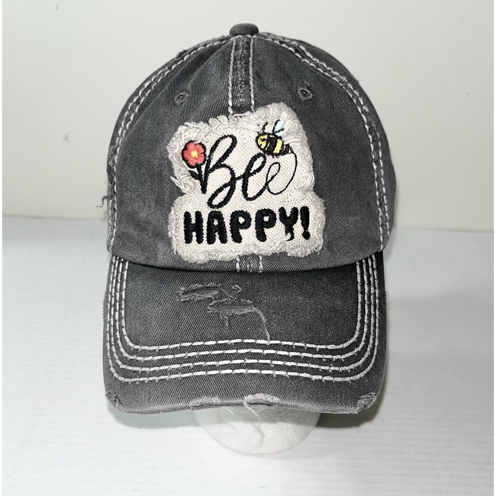 Bee‎ Happy Strapback Hat Women's OS Gray Novelty Spring Motivational Adjustable